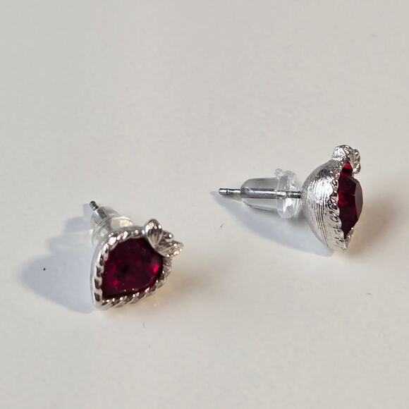 Silver with Ruby Red Heart Crystal Post Earrings - Picture 2 of 5
